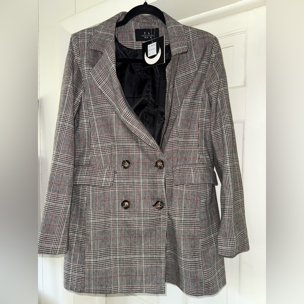 NWT Elegant Plaid Double-Breasted Blazer